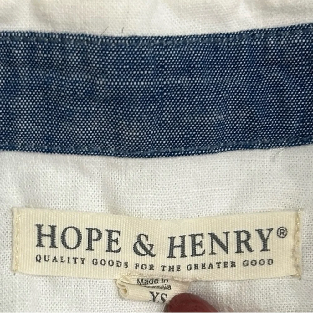 Hope & Henry White linen/cotton Blue denim collar trim Button Down Shirt size xs